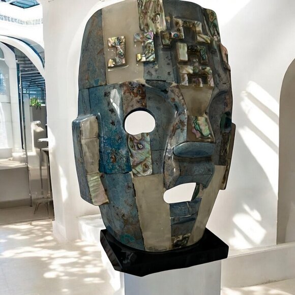 Vintage Mayan Turquoise & Abalone‎ Mosaic Death Mask On Black Stone Base